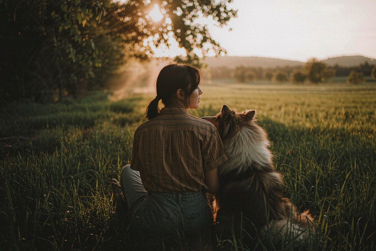 A woman sitting in a field at sunset with her dog