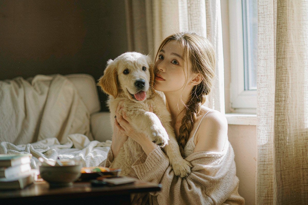 A pet parent holding her puppy by the window